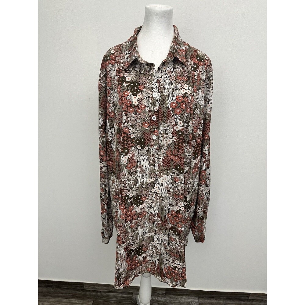 Miselon Women's Floral Print Long Sleeve tunic Top Shirt Blouse Size XL Collared